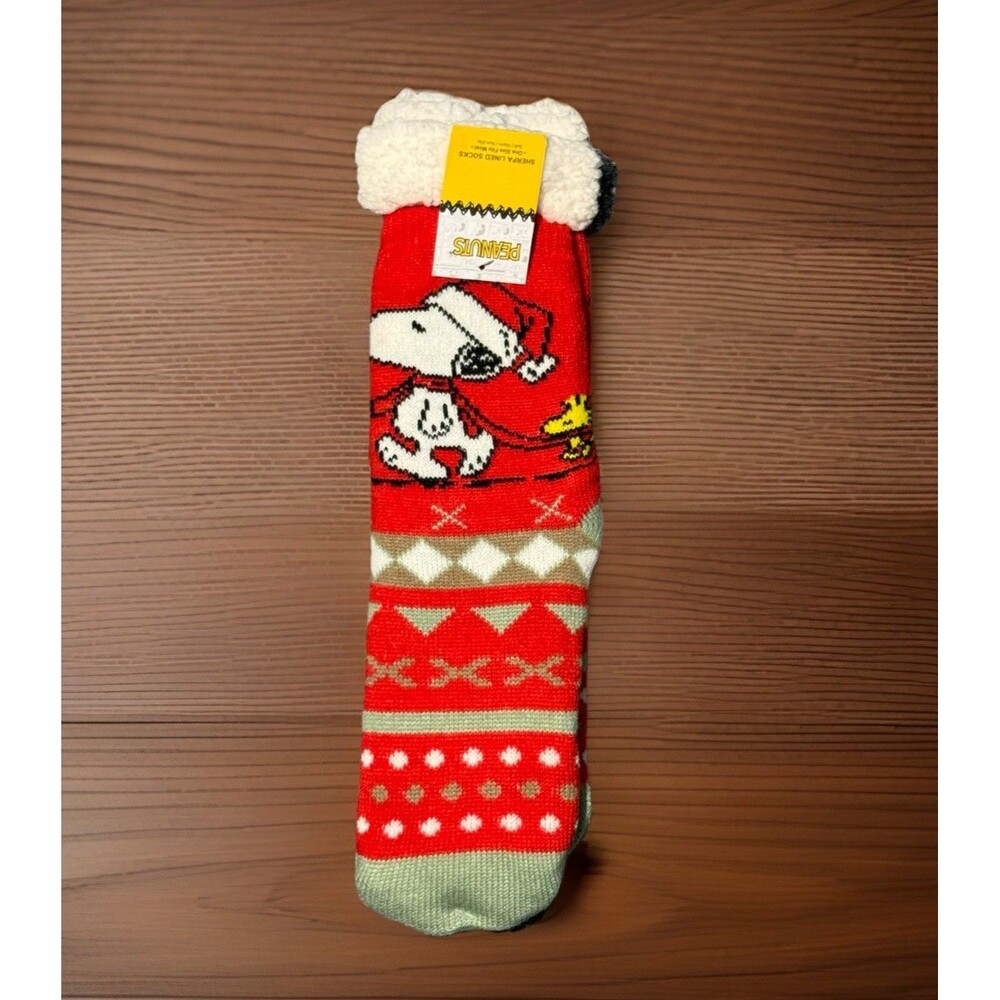 Peanuts Snoopy Woodstock Christmas Sherpa Lined Socks Red Unisex One Size NWT